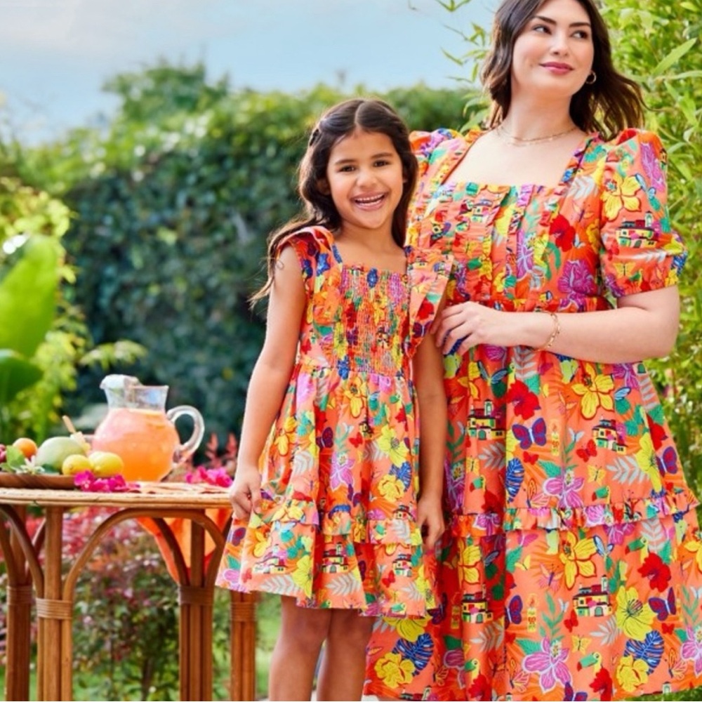 Disney Bright Orange Floral & Butterfly Midi Dress with Puff Sleeves - Picture 6 of 13